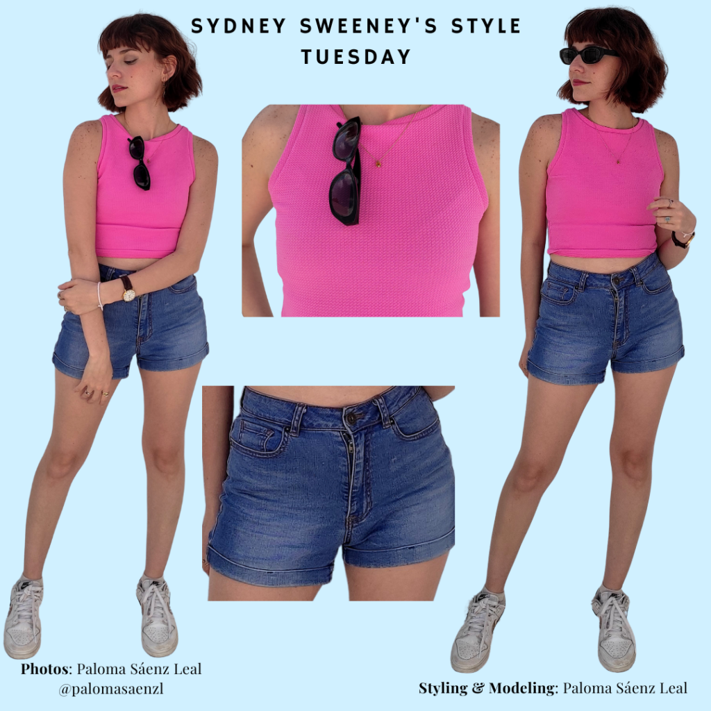 Sydney Sweeney Outfit Recreation, pink crop top, blue denim shorts, white  NIke sneakers, tiny black sunglasses