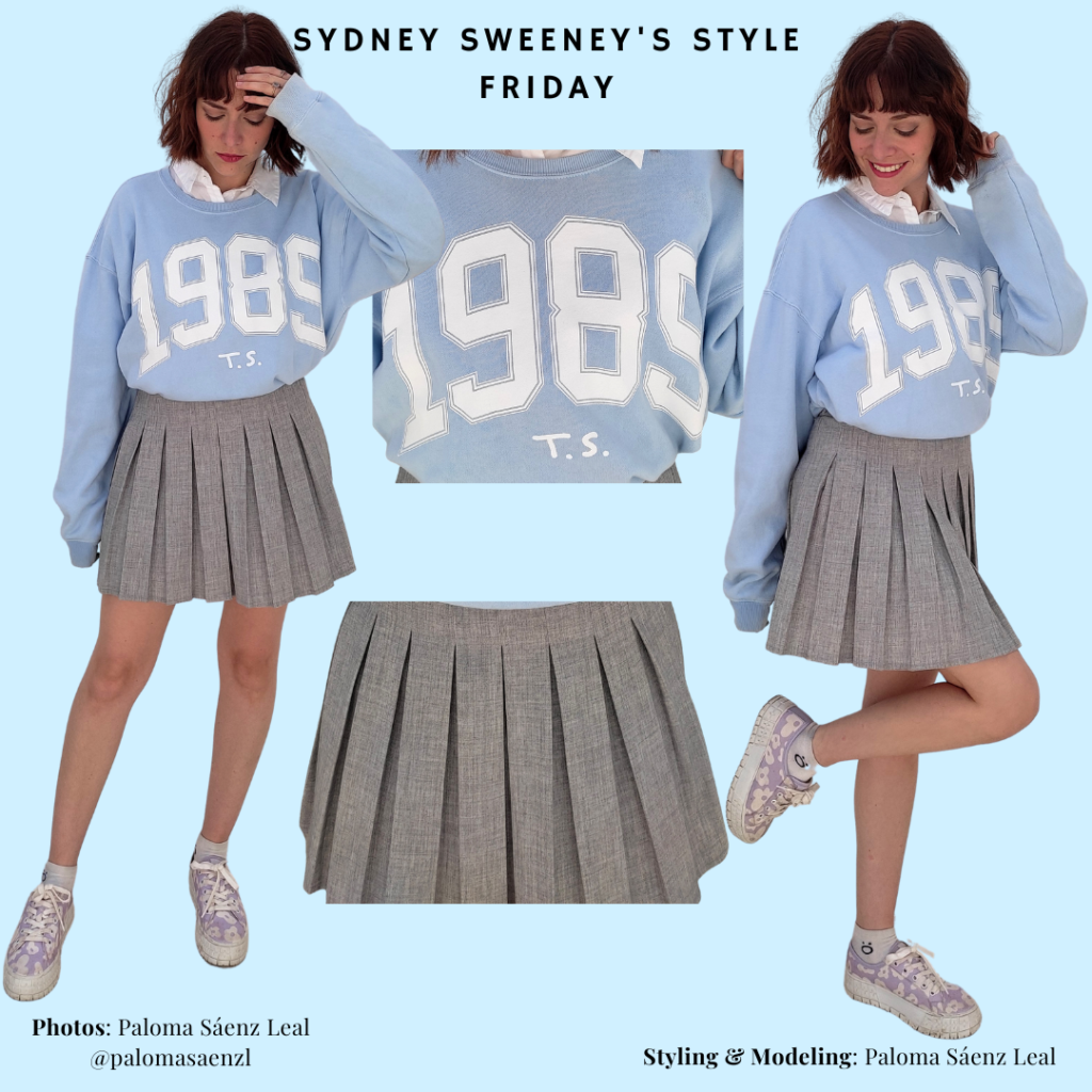Sydney Sweeney Outfit Recreation,  white oxford shirt, blue sweatshirt, grey tenis skirt, lilac platfrom sneakers.