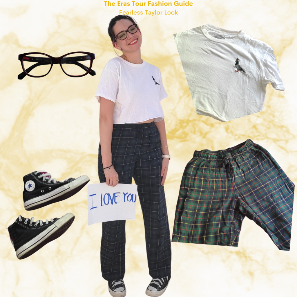 The Eras Tour Fashion Guide: Fearless Taylor flannel pants, white crop top, black converse, wide frame glasses. 