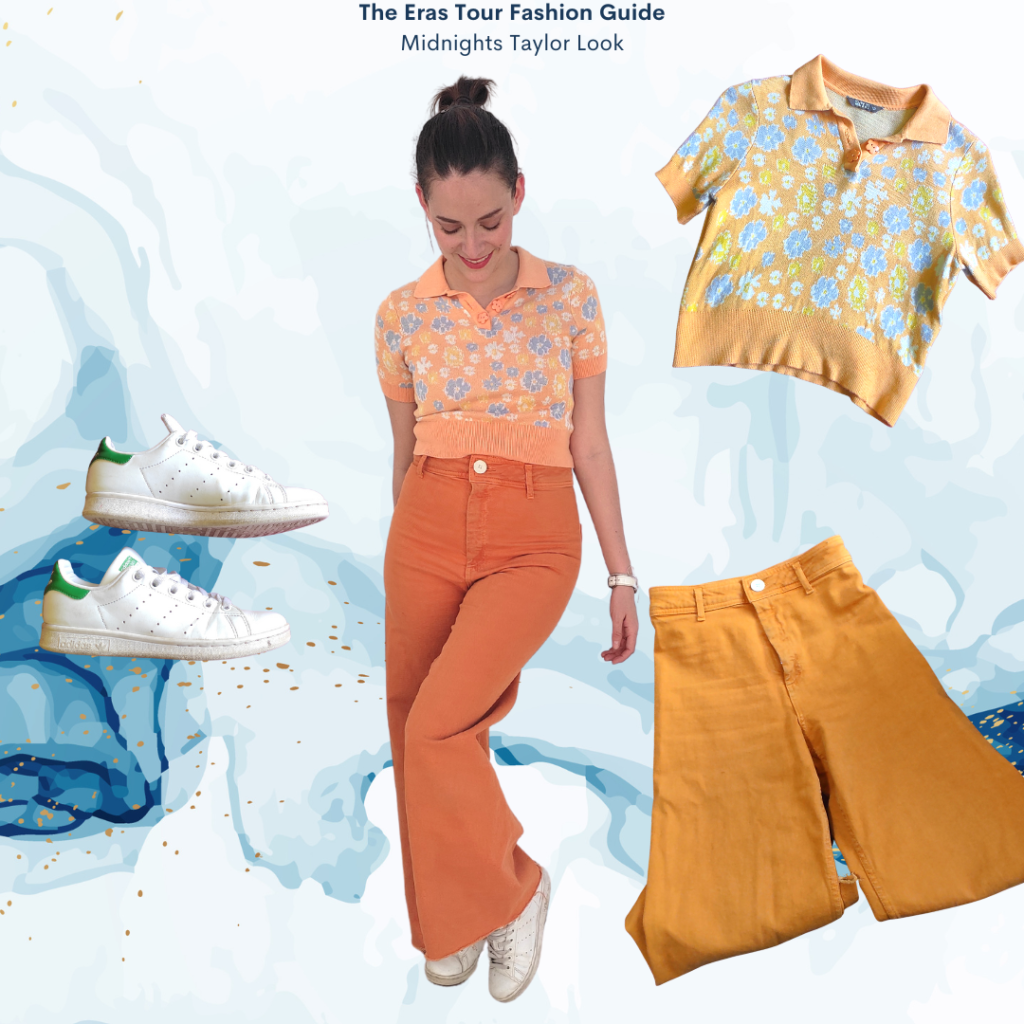 The Eras Tour Fashion Guide: Midnights Taylor, orange knit top, blue flowers pattern, orange high waisted wide-leg jeans, white sneakers