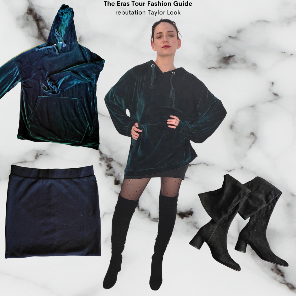 The Eras Tour Fashion Guide: reputation Taylor, green velvet hoodie, black skirt, black suede over the knee boots, black tights